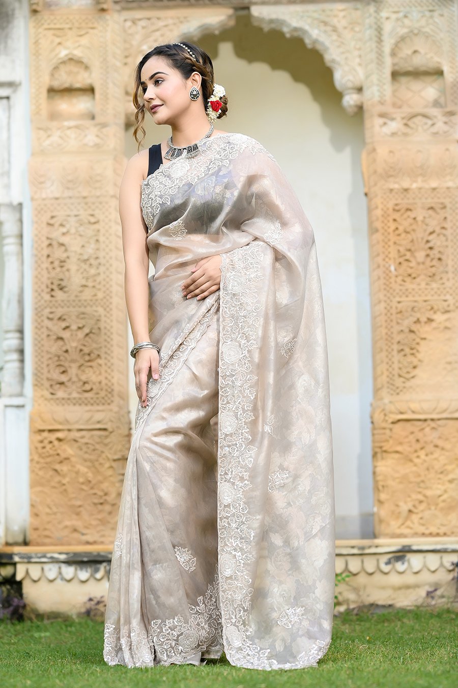 Light Brown Self Print Tissue Saree with Silver Pearl Sequins