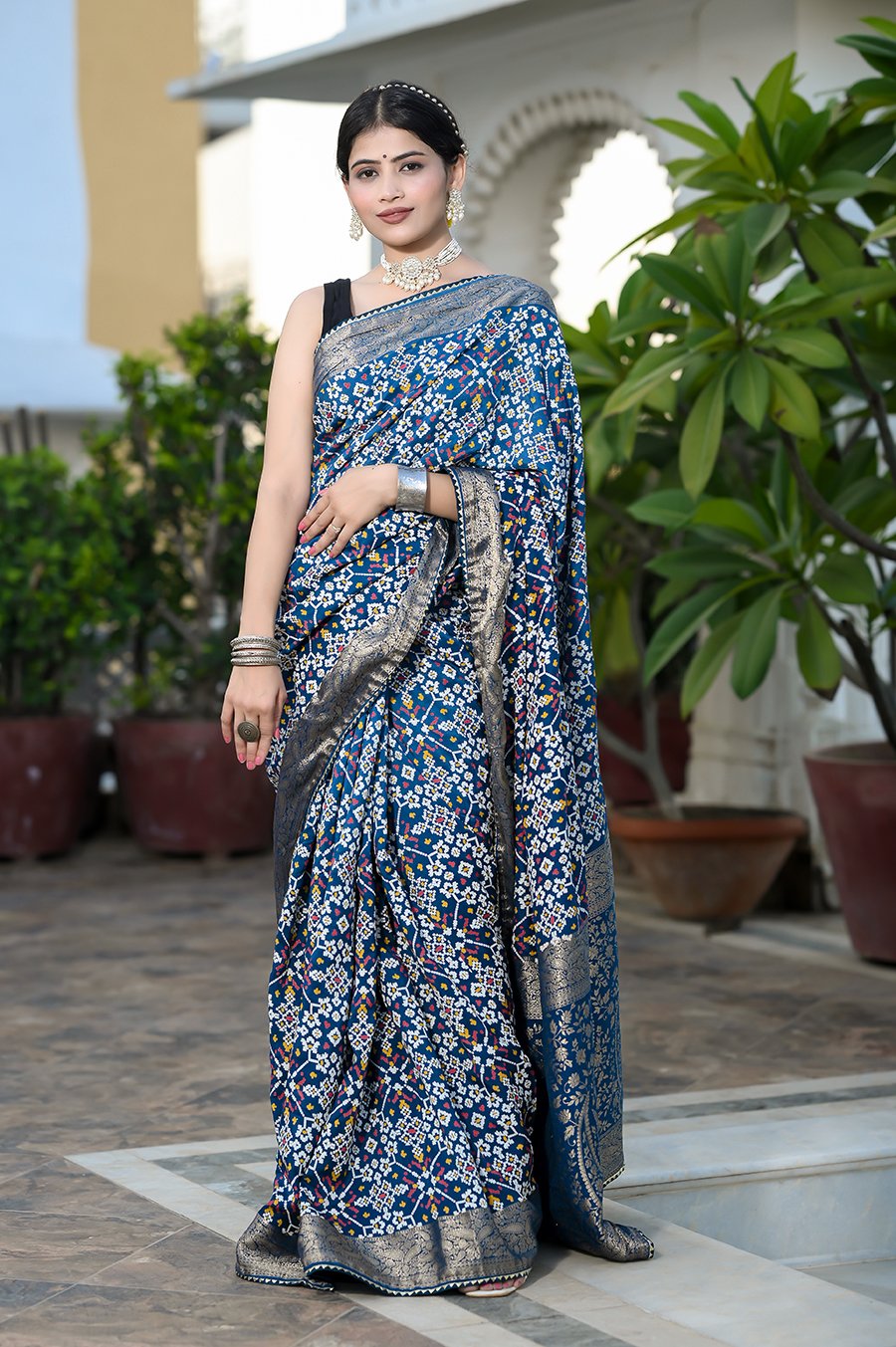 Silken Elegance: Dark Blue Patola Silk Saree with Zari Border