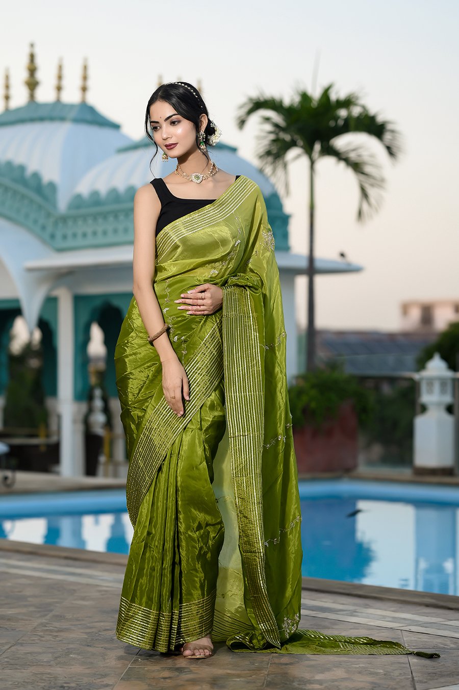 Glow Russian Silk Saree with Tubelight & Zari Embellishments