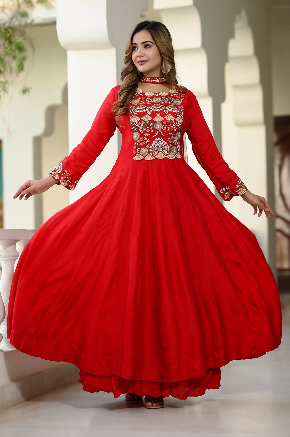 Red Silk Zardozi Party Gown with Net Dupatta